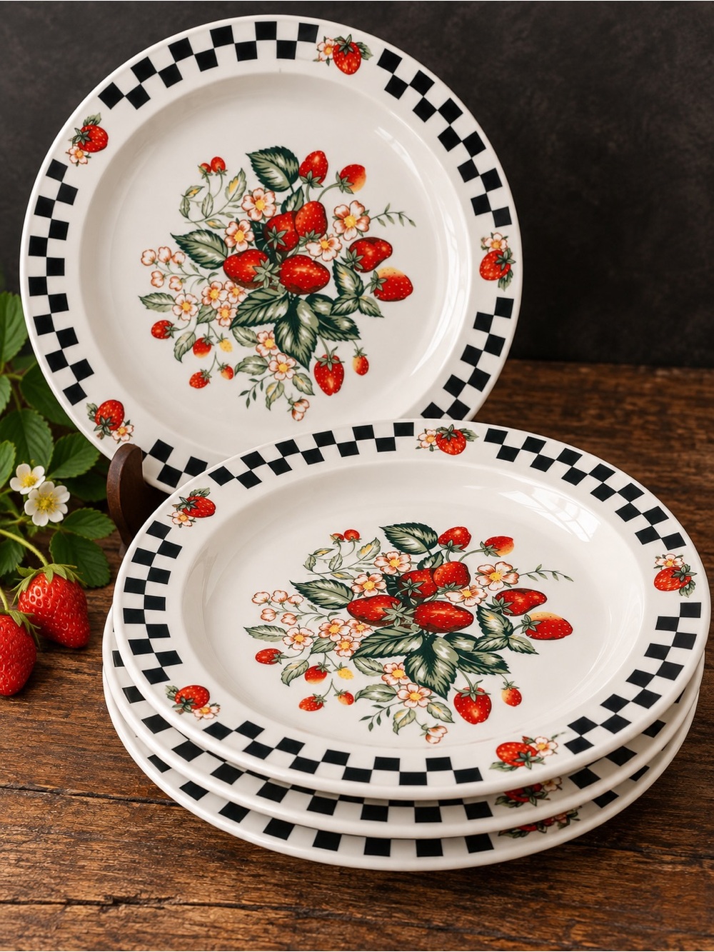 Vintage Allied Design Strawberry Checkered Dinner Plates Set of 4